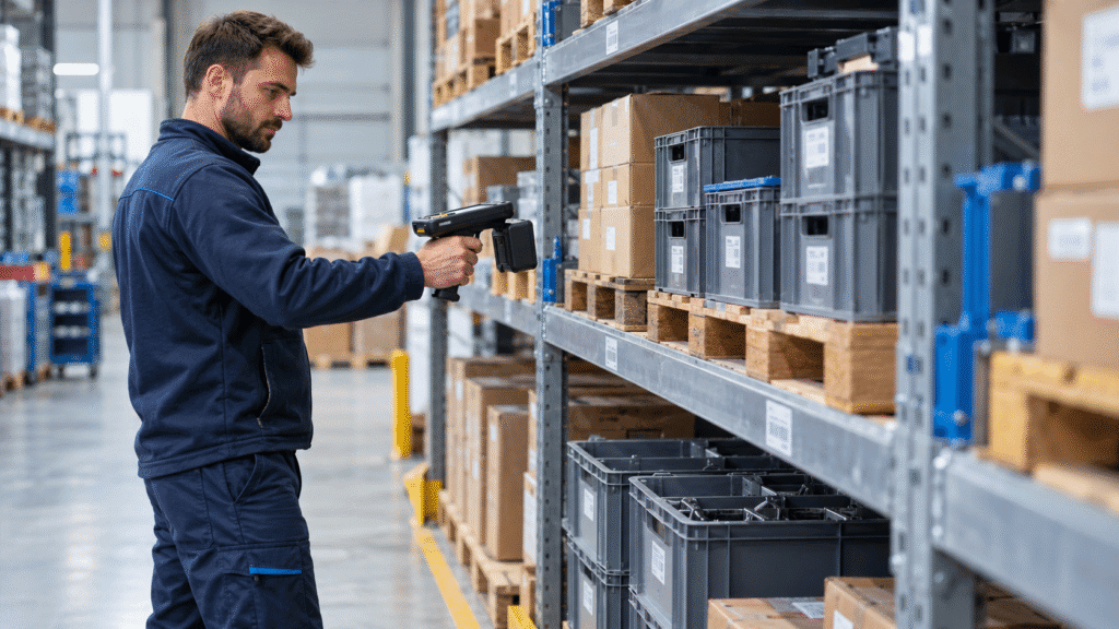 Contentor de componentes industriais com identificação RFID junto a um operador com tablet.